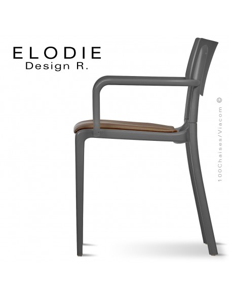 Fauteuil design ELODIE, structure et piétement plastique couleur anthracite, avec coussin d'assise couleur taupe.