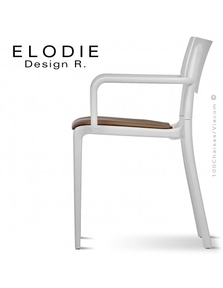 Fauteuil design ELODIE, structure et piétement plastique couleur blanche, avec coussin d'assise couleur taupe.