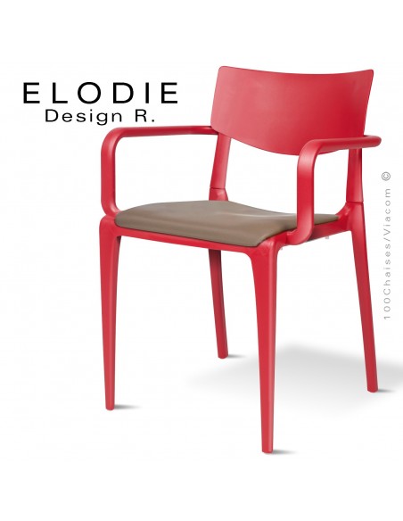 Fauteuil design ELODIE, structure et piétement plastique couleur rouge, avec coussin d'assise couleur taupe.