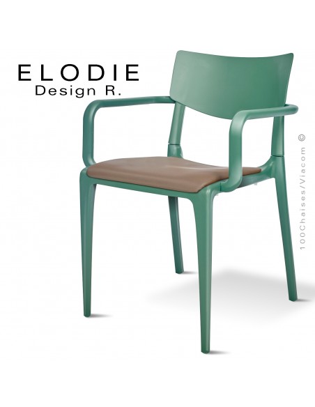 Fauteuil design ELODIE, structure et piétement plastique couleur vert, avec coussin d'assise couleur taupe.