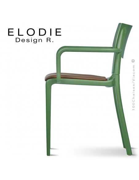Fauteuil design ELODIE, structure et piétement plastique couleur vert, avec coussin d'assise couleur taupe.
