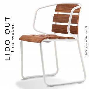 Chaise LIDO OUT, piétement luge peint blanc, assise bois teck