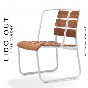 Fauteuil lounge LIDO OUT, piétement luge peint blanc, assise bois teck