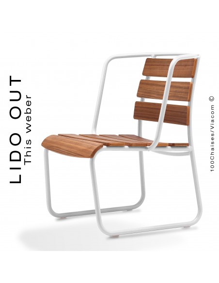 Fauteuil lounge LIDO OUT, piétement luge peint blanc, assise bois teck