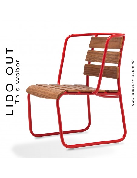 Fauteuil lounge LIDO OUT, piétement luge peint rouge, assise bois teck