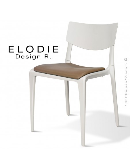 Chaise design ELODIE, structure et piétement plastique couleur blanche, avec coussin d'assise couleur taupe.