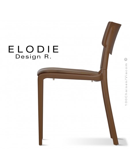 Chaise design ELODIE, structure et piétement plastique couleur marron, avec coussin d'assise couleur taupe.