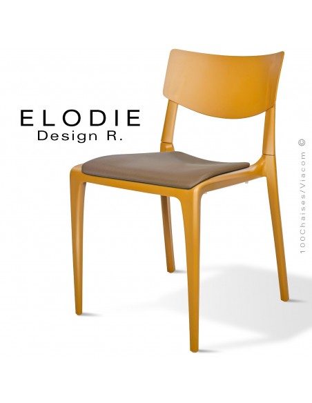 Chaise design ELODIE, structure et piétement plastique couleur moutarde, avec coussin d'assise couleur taupe.