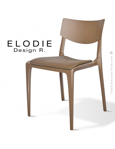 Chaise design ELODIE, structure et piétement plastique couleur taupe, avec coussin d'assise couleur taupe.