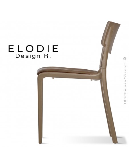 Chaise design ELODIE, structure et piétement plastique couleur taupe, avec coussin d'assise couleur taupe.