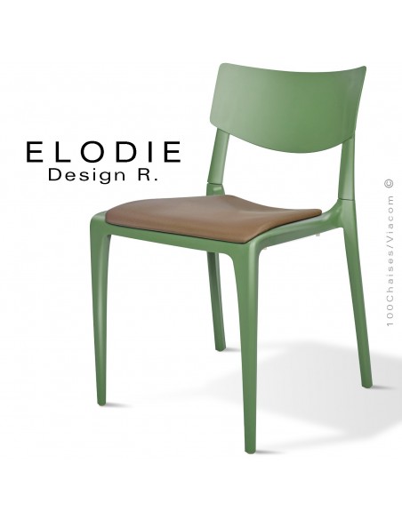 Chaise design ELODIE, structure et piétement plastique couleur verte, avec coussin d'assise couleur taupe.