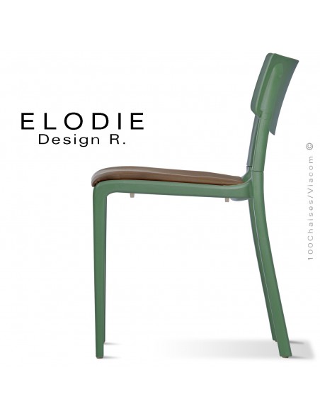 Chaise design ELODIE, structure et piétement plastique couleur verte, avec coussin d'assise couleur taupe.