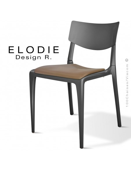 Chaise design ELODIE, structure et piétement plastique couleur anthracite, avec coussin d'assise couleur taupe.