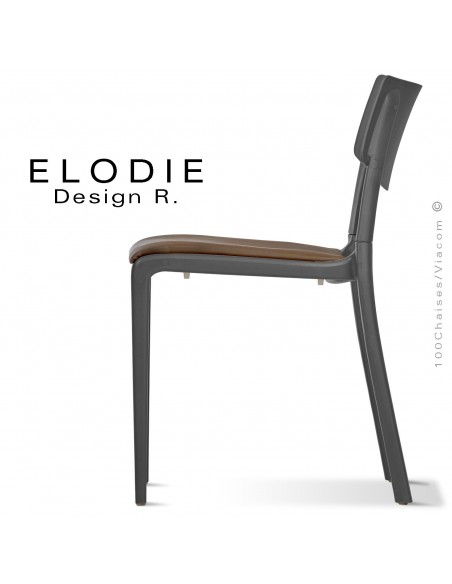 Chaise design ELODIE, structure et piétement plastique couleur anthracite, avec coussin d'assise couleur taupe.