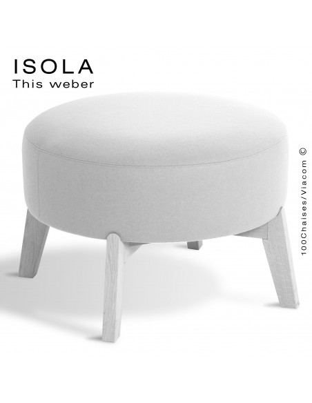 Pouf ISOLA-65, piétement bois peint blanc, assise garnie habillage tissu blanc