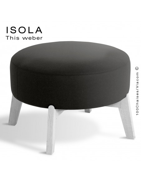 Pouf ISOLA-65, piétement bois peint blanc, assise garnie habillage tissu noir