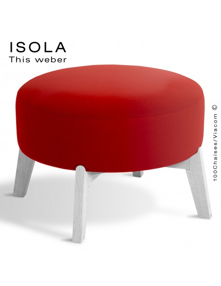 Pouf ISOLA-65, piétement bois peint blanc, assise garnie habillage tissu rouge