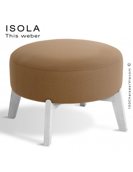 Pouf ISOLA-65, piétement bois peint blanc, assise garnie habillage tissu crème