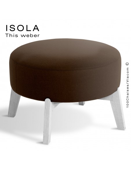 Pouf ISOLA-65, piétement bois peint blanc, assise garnie habillage tissu marron