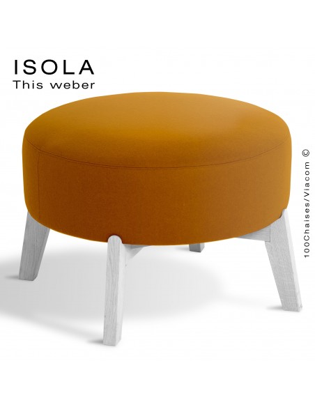 Pouf ISOLA-65, piétement bois peint blanc, assise garnie habillage tissu orange