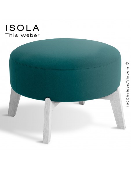 Pouf ISOLA-65, piétement bois peint blanc, assise garnie habillage tissu bleu