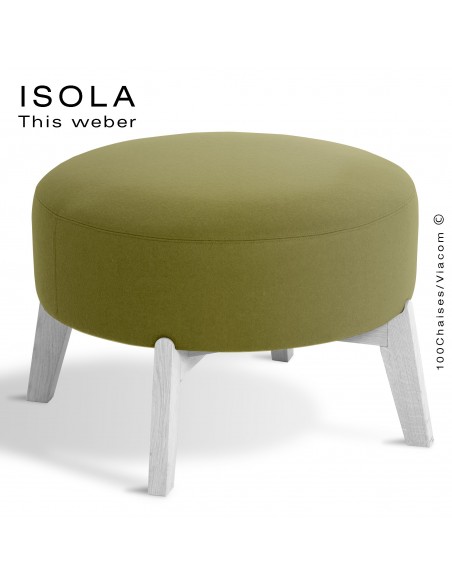 Pouf ISOLA-65, piétement bois peint blanc, assise garnie habillage tissu vert