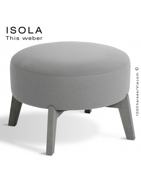 Pouf ISOLA-65, piétement bois peint gris, assise garnie habillage tissu gris