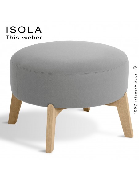 Pouf ISOLA-65, piétement bois teinté naturel, assise garnie habillage tissu gris