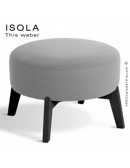 Pouf ISOLA-65, piétement bois peint noir, assise garnie habillage tissu gris