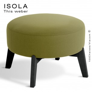 Pouf ISOLA-65, piétement bois peint noir, assise garnie habillage tissu vert