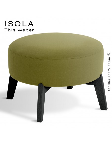 Pouf ISOLA-65, piétement bois peint noir, assise garnie habillage tissu vert