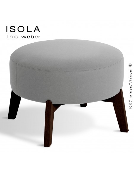Pouf ISOLA-65, piétement bois teinté wengé, assise garnie habillage tissu gris