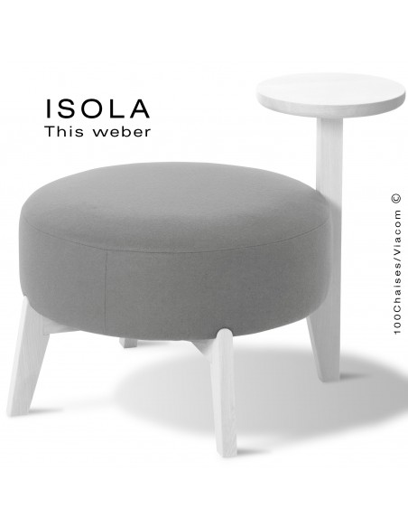 Pouf ISOLA-65/T, piétement bois peint blanc, assise garnie habillage tissu gris