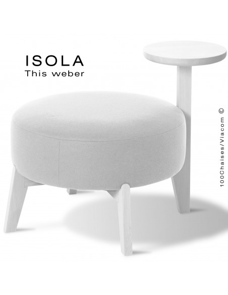Pouf ISOLA-65/T, piétement bois peint blanc, assise garnie habillage tissu blanc