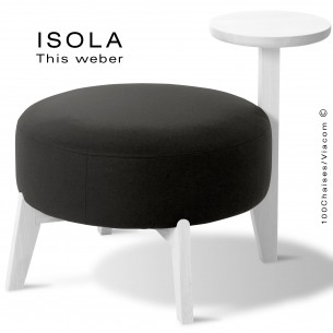 Pouf ISOLA-65/T, piétement bois peint blanc, assise garnie habillage tissu noir