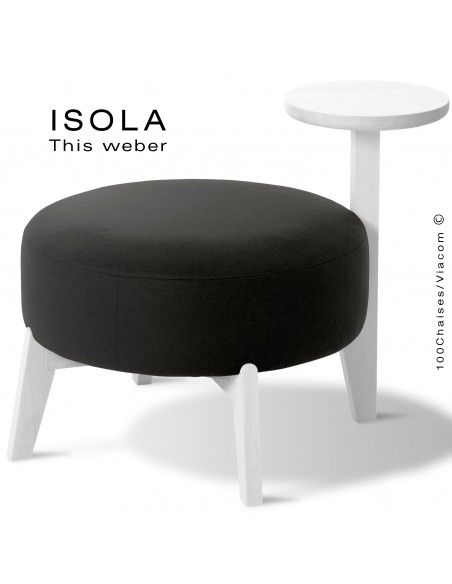 Pouf ISOLA-65/T, piétement bois peint blanc, assise garnie habillage tissu noir