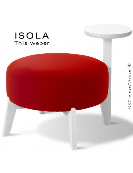 Pouf ISOLA-65/T, piétement bois peint blanc, assise garnie habillage tissu rouge
