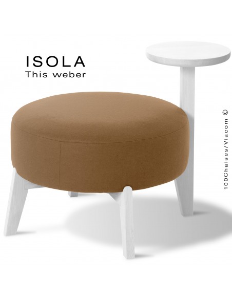 Pouf ISOLA-65/T, piétement bois peint blanc, assise garnie habillage tissu crème
