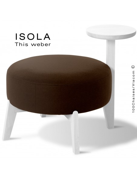 Pouf ISOLA-65/T, piétement bois peint blanc, assise garnie habillage tissu marron