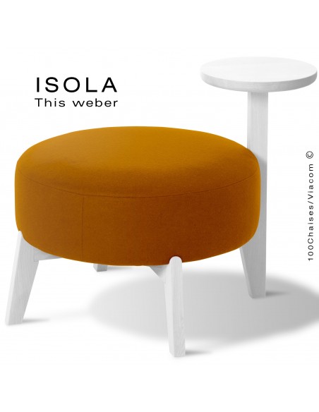 Pouf ISOLA-65/T, piétement bois peint blanc, assise garnie habillage tissu orange