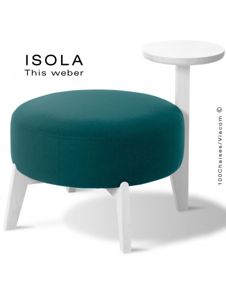 Pouf ISOLA-65/T, piétement bois peint blanc, assise garnie habillage tissu bleu