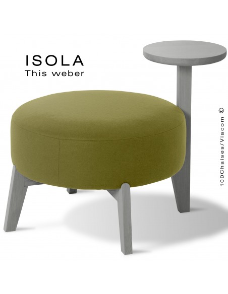 Pouf ISOLA-65/T, piétement bois peint gris, assise garnie habillage tissu vert