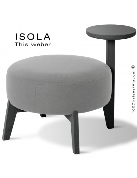 Pouf ISOLA-65/T, piétement bois peint noir, assise garnie habillage tissu gris
