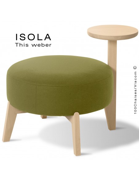 Pouf ISOLA-65/T, piétement bois teinté naturel, assise garnie habillage tissu vert
