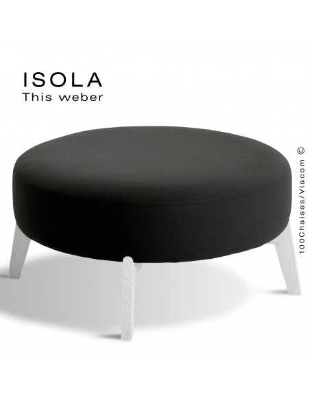 Pouf ISOLA-90, piétement bois peint blanc, assise garnie habillage tissu noir