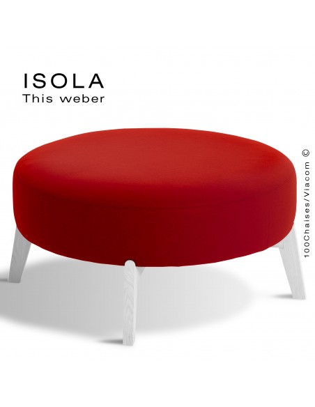 Pouf ISOLA-90, piétement bois peint blanc, assise garnie habillage tissu rouge