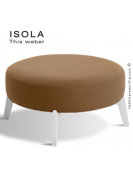 Pouf ISOLA-90, piétement bois peint blanc, assise garnie habillage tissu crème