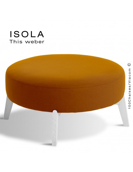 Pouf ISOLA-90, piétement bois peint blanc, assise garnie habillage tissu orange