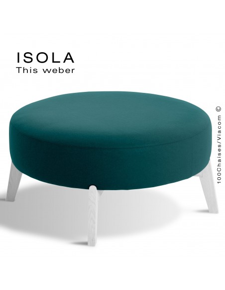 Pouf ISOLA-90, piétement bois peint blanc, assise garnie habillage tissu bleu