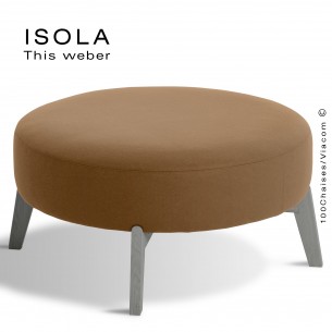 Pouf ISOLA-90, piétement bois peint gris, assise garnie habillage tissu crème